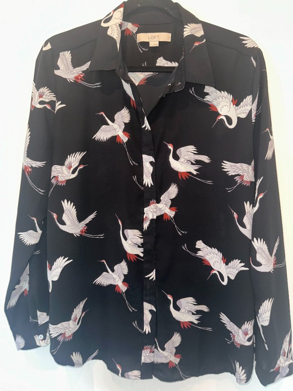 LOFT Black White Crane Bird Print Long Sleeve Button Down Blouse